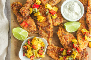 Bâtonnets de poisson croustillants avec salsa de mangue, poivron et lime