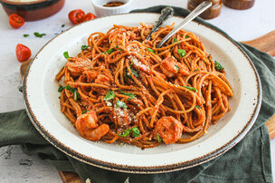 Pâtes sauce rosée au tofu et aux crevettes